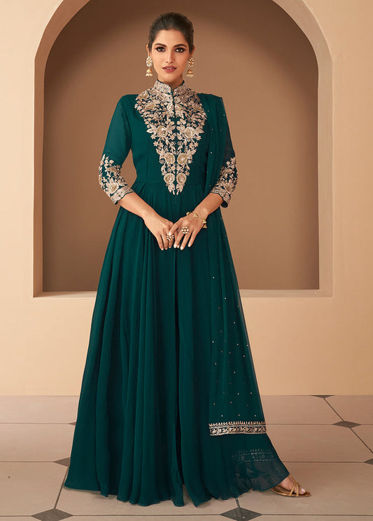 Women's Dark Green Georgette Semi Stitched Embroidered Designer Suit