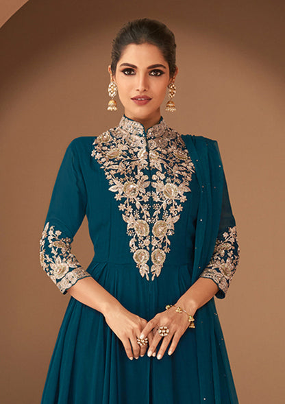 Women's Dark Teal Blue Georgette Semi Stitched Embroidered Designer Suit