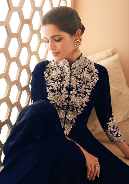 Women's Navy Blue Georgette Semi Stitched Embroidered Designer Suit