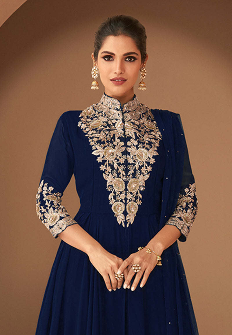 Women's Navy Blue Georgette Semi Stitched Embroidered Designer Suit