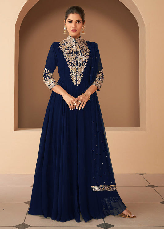 Women's Navy Blue Georgette Semi Stitched Embroidered Designer Suit