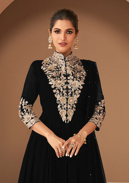 Women's Black Georgette Semi Stitched Embroidered Designer Suit