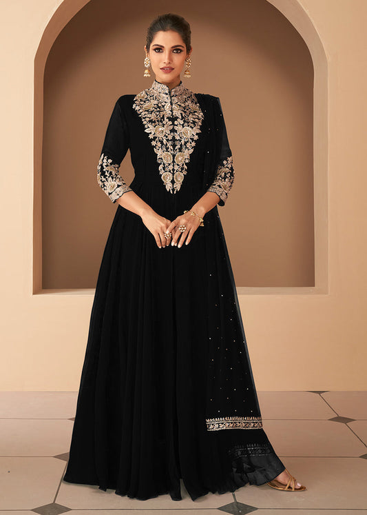 Women's Black Georgette Semi Stitched Embroidered Designer Suit