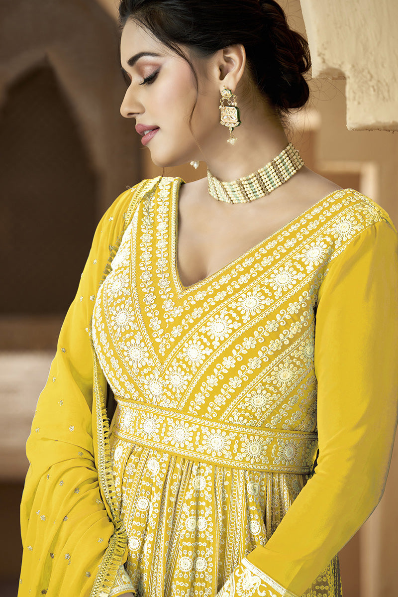 Women's Yellow Georgette Semi Stitched Embroidered Palazzo Suit