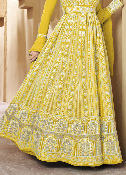 Women's Yellow Georgette Semi Stitched Embroidered Palazzo Suit