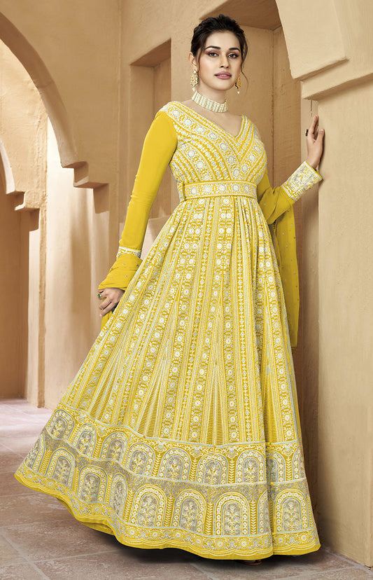 Women's Yellow Georgette Semi Stitched Embroidered Palazzo Suit