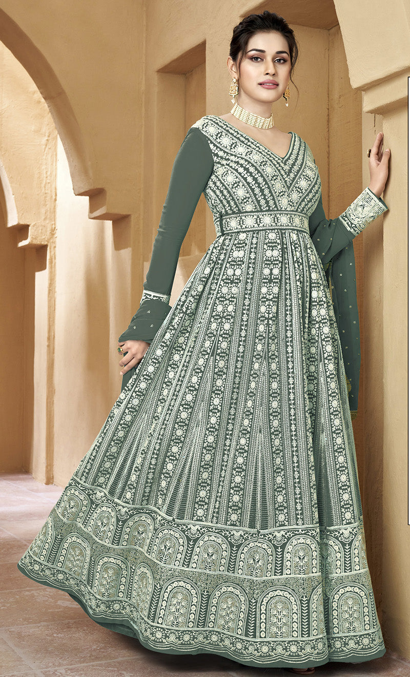 Women's Dark Olive Georgette Semi Stitched Embroidered Palazzo Suit