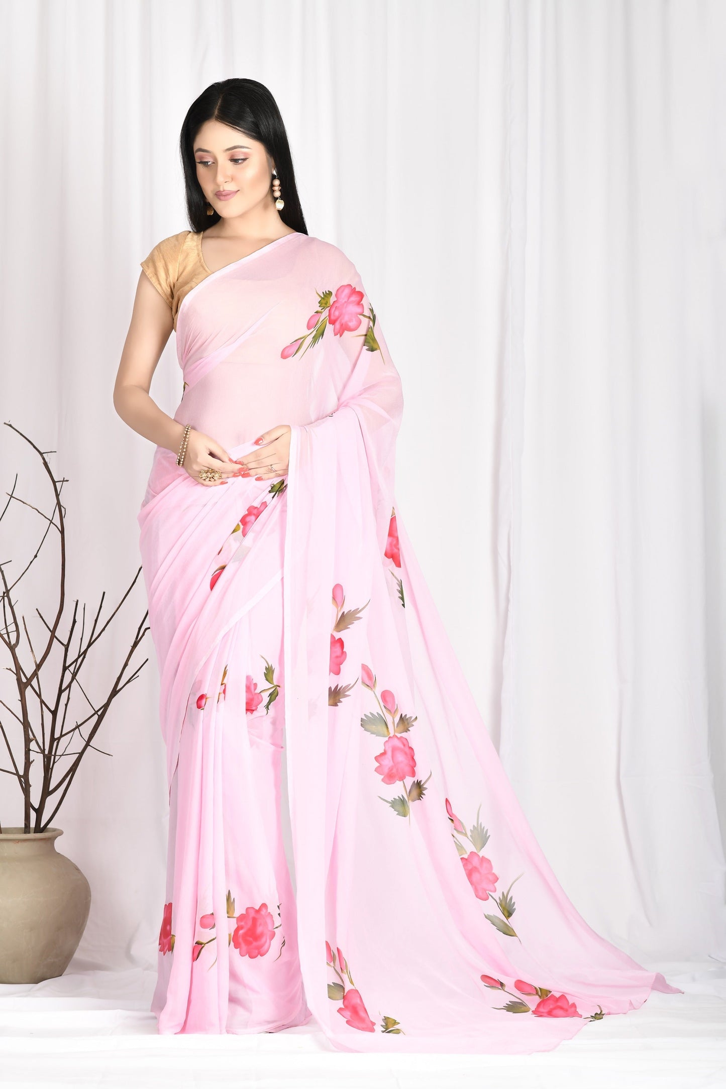 Women's Hand Painted Pink Saree With All-Over Vegetable Dyes With Blouse