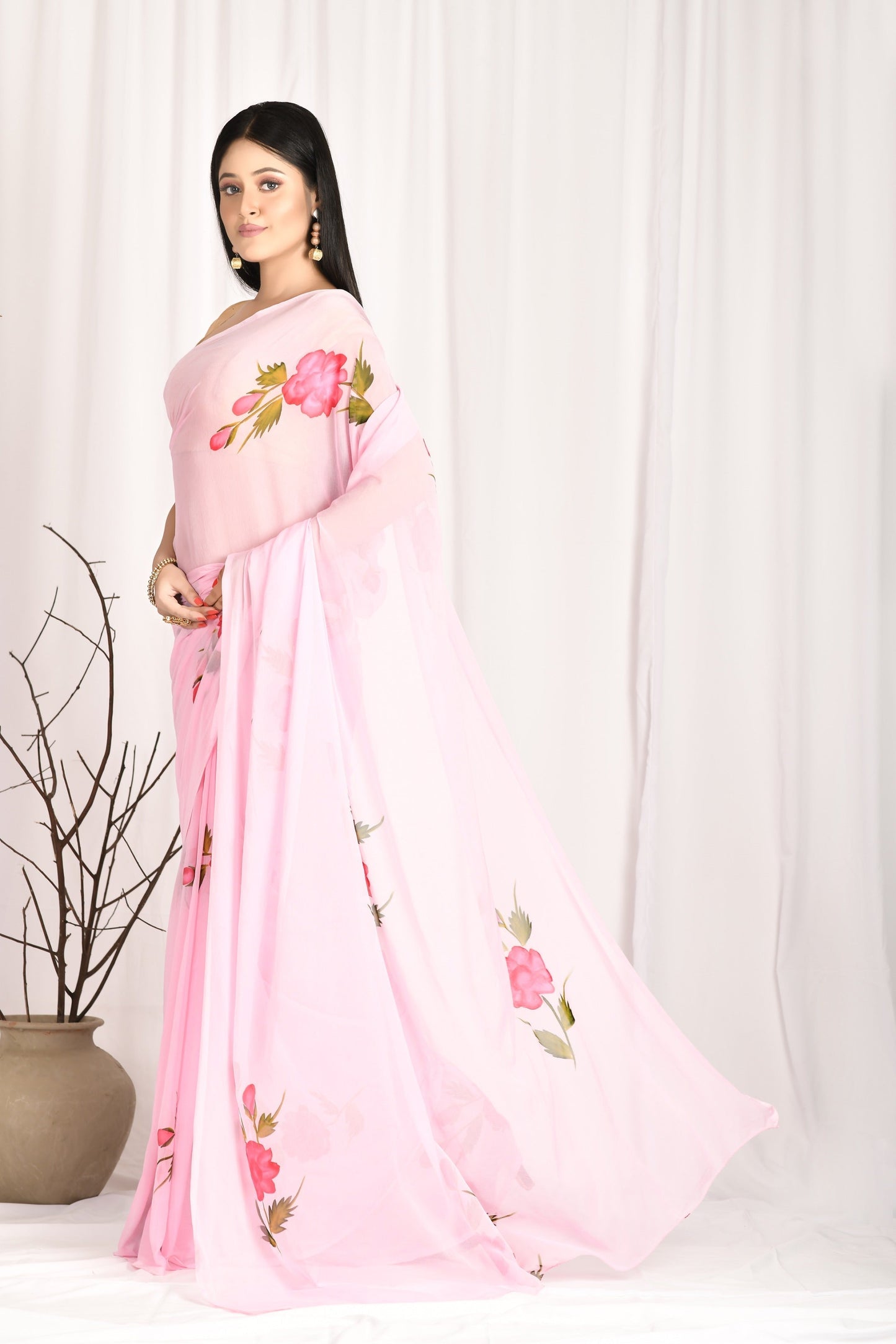 Women's Hand Painted Pink Saree With All-Over Vegetable Dyes With Blouse