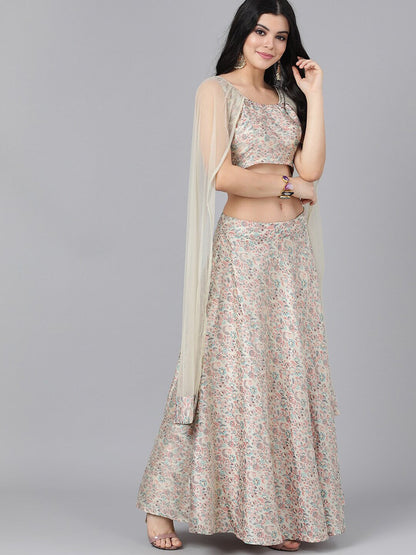 Women's Cream Lehenga Choli With Cape Dupatta