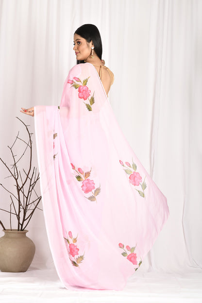 Women's Hand Painted Pink Saree With All-Over Vegetable Dyes With Blouse