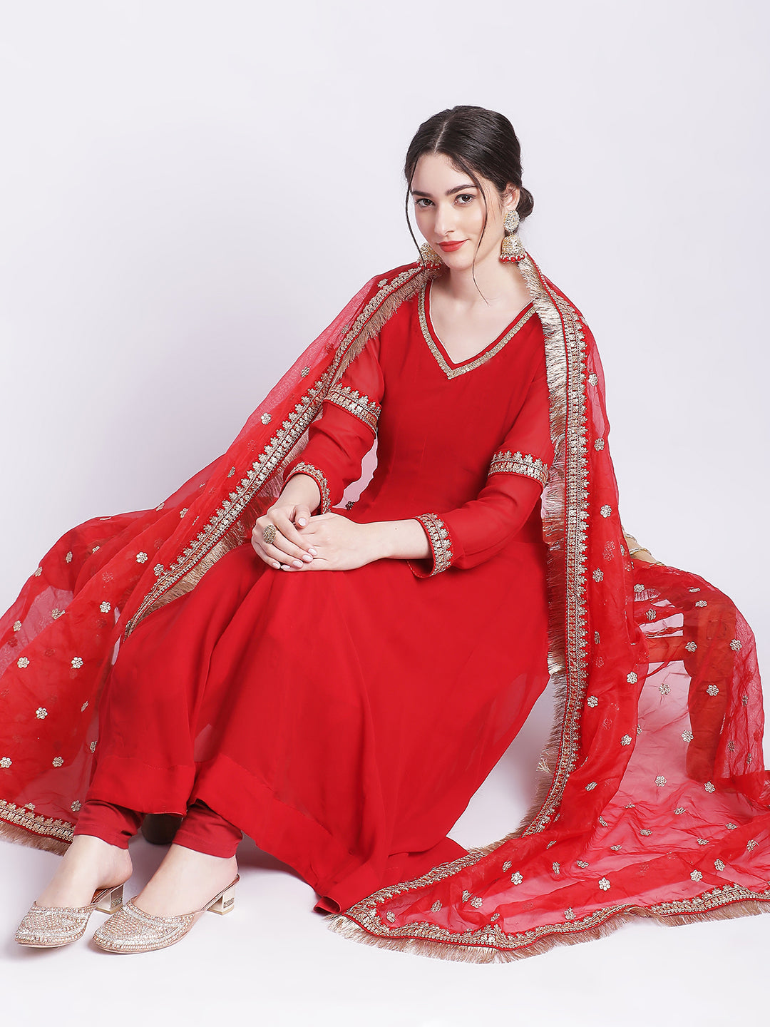 Women's Ruby Woo Georgette Border Anarkali With Churidar And Organza Dupatta