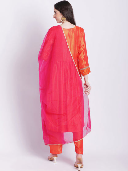 Women's Orange Punch A-Line Kurti With Straight Palazzo And Organza Dupatta