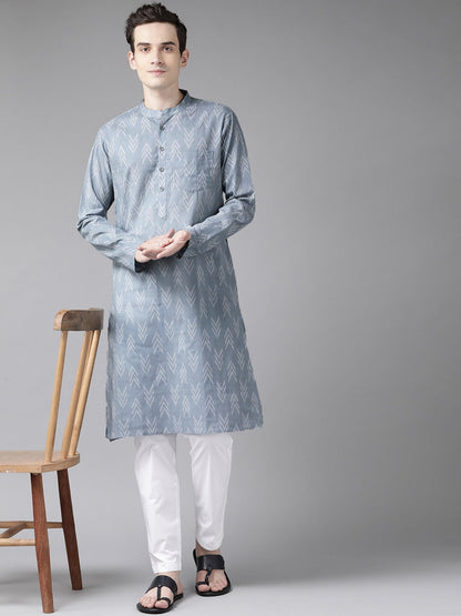 Men's Grey And White  Printed Straight Kurta