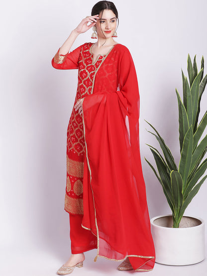 Women's Red Bandhej Bridal Kurti With Straight Palazzo Georgette Dupatta