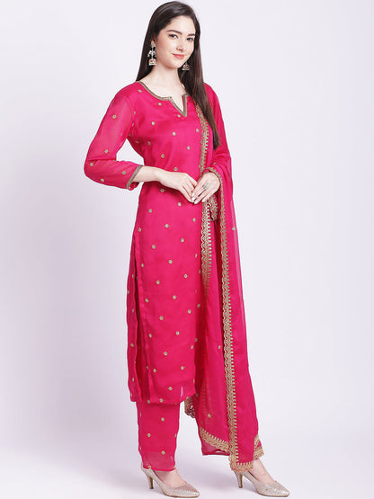 Women's Glam Pink Embroidered Kurti With Straight Palazzo And Embroidered Dupatta