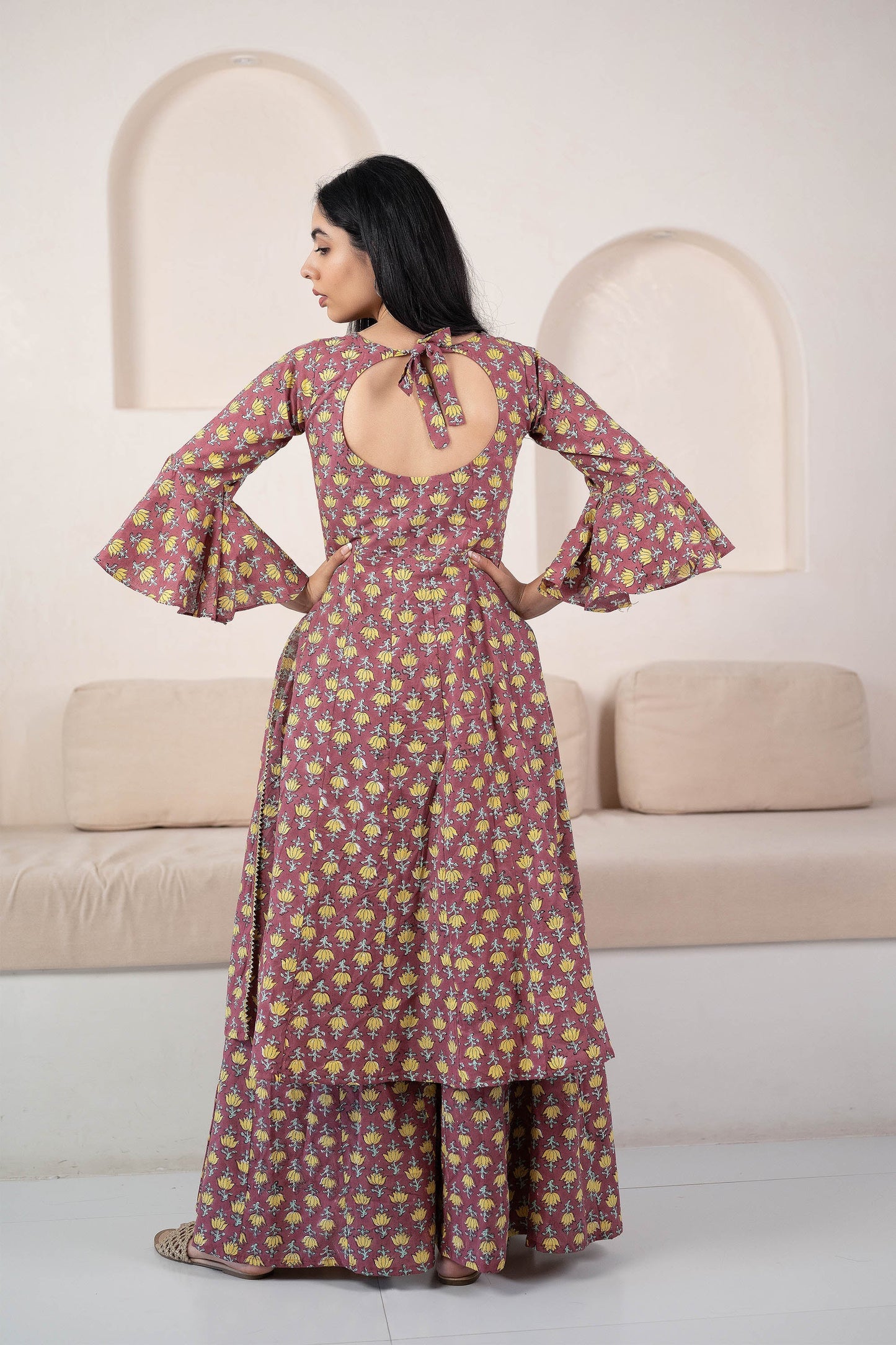 Brown Hand Block Printed Kurta Palazzo Set - (2Pcs Set)