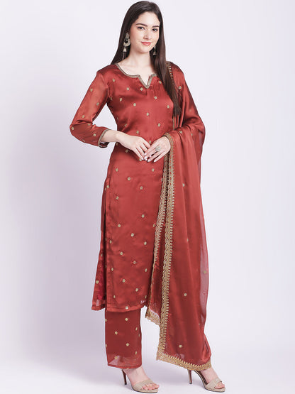 Women's Glam Rust Embroidered Kurti With Straight Palazzo And Embroidered Dupatta