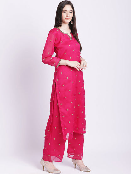 Women's Glam Pink Embroidered Kurti With Straight Palazzo