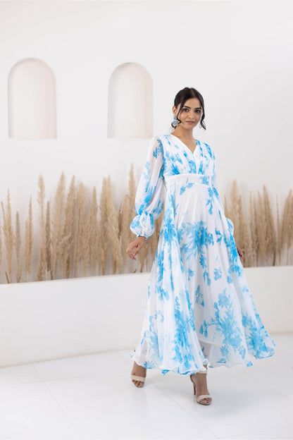 Blue & White Printed Gown Dress For Women - (1Pc Dress)