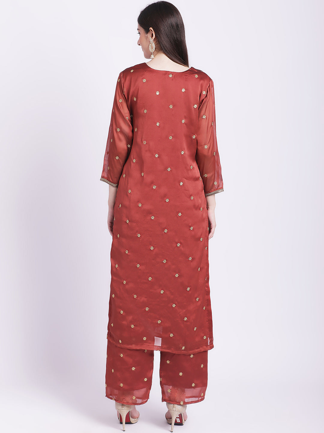 Women's Glam Rust Embroidered Kurti With Straight Palazzo