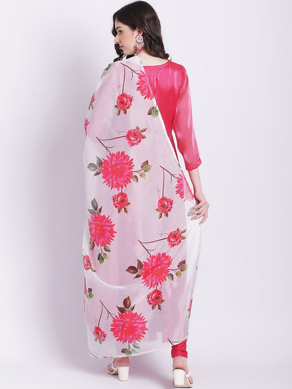 Women's Pink Dahlia Organza Anarkali With Churidar And Floral Printed Dupatta