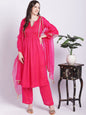 Women's Pink Punch A-Line Kurti With Straight Palazzo And Organza Dupatta