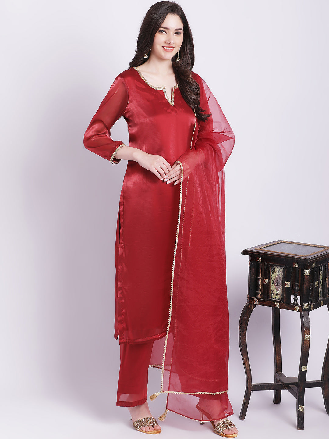 Women's Maroon Shine Organza Straight Kurti With Straight Palazzo And Organza Dupatta