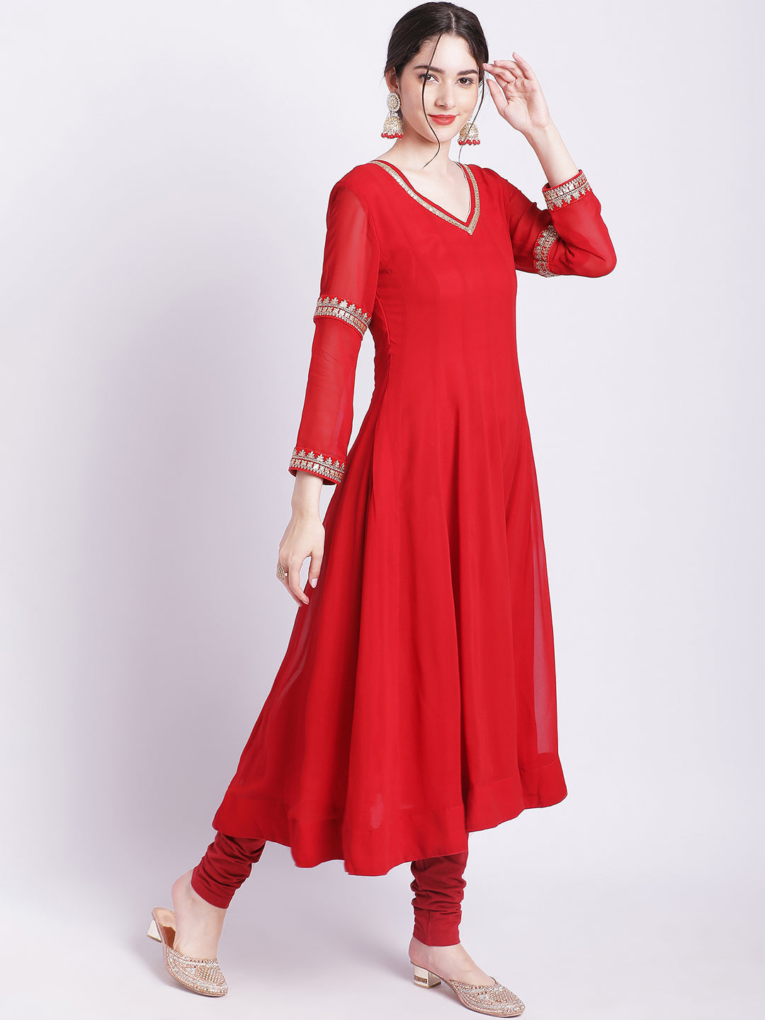 Women's Ruby Woo Georgette Border Anarkali With Churidar