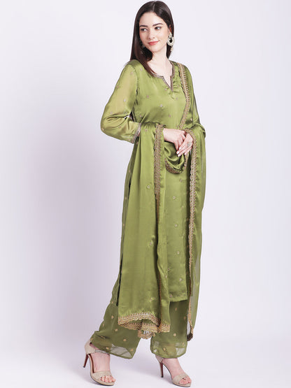 Women's Glam Green Embroidered Kurti With Straight Palazzo And Embroidered Dupatta