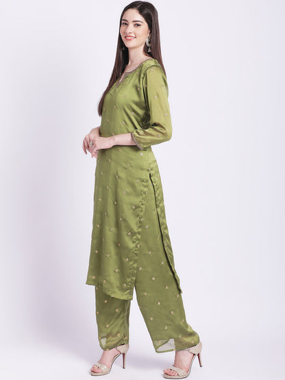 Women's Glam Green Embroidered Kurti With Straight Palazzo