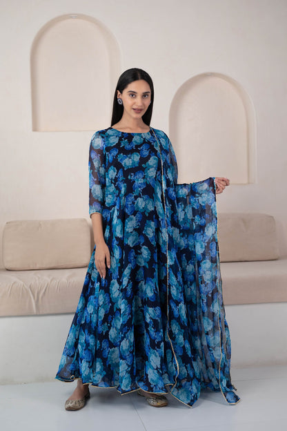 Blue Floral Printed Anarkali Suit Set - (3Pc Set)