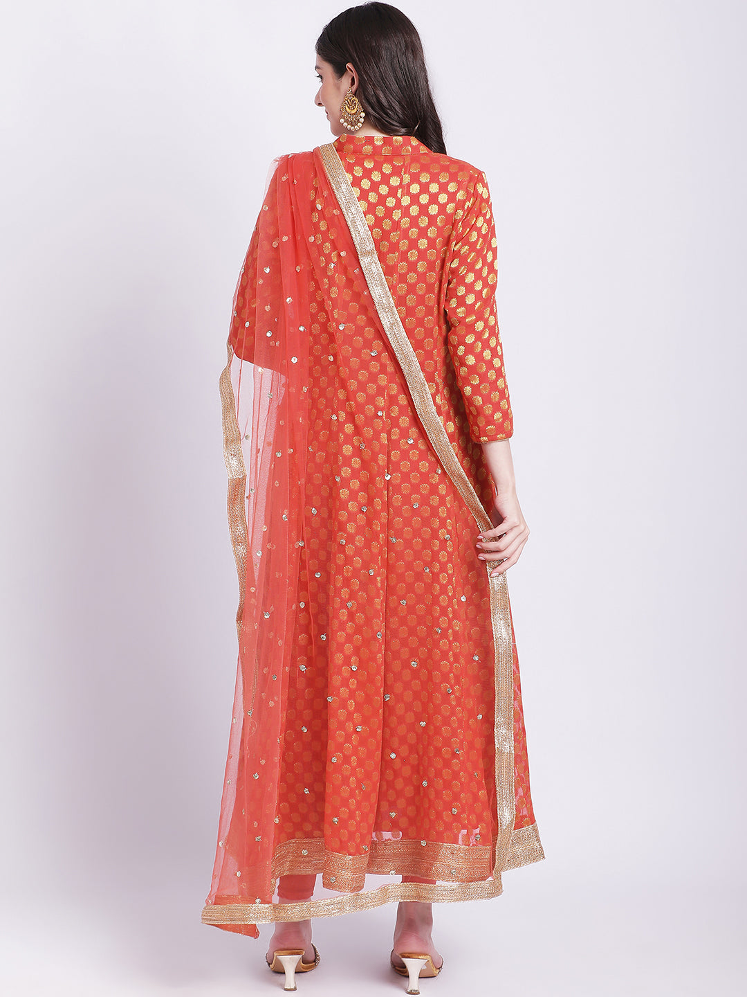 Women's Orange Banarasi Georgette Anarkali With Churidar And Net Sequin Dupatta