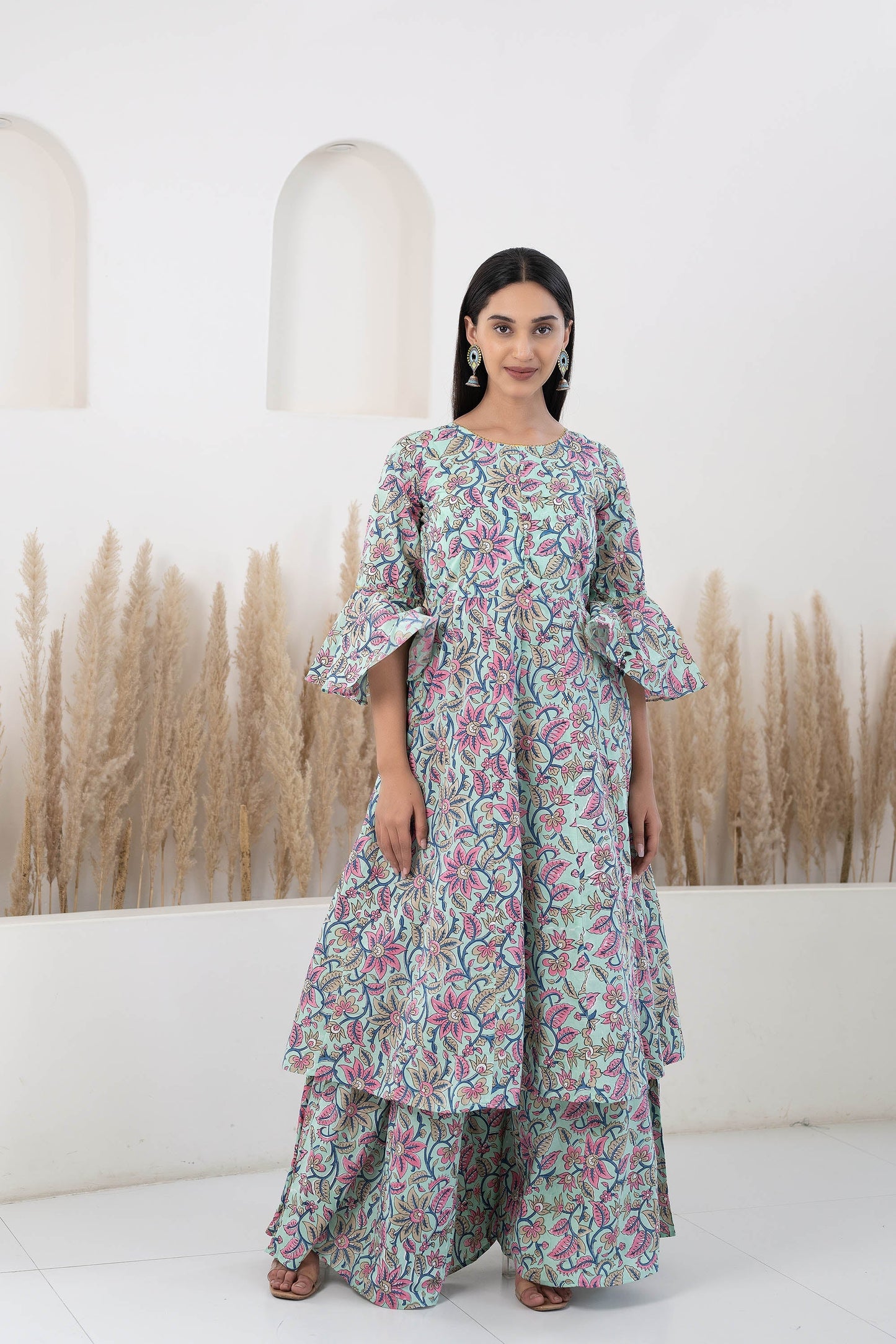 Blue Hand Block Printed Kurta Palazzo Set - (2Pcs Set)