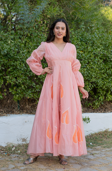 Women's Gulkaari Hand Painted Bell Sleeves Peach Gown