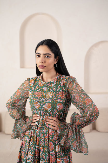 Green Floral Printed Gown For Women - (1Pc Set)