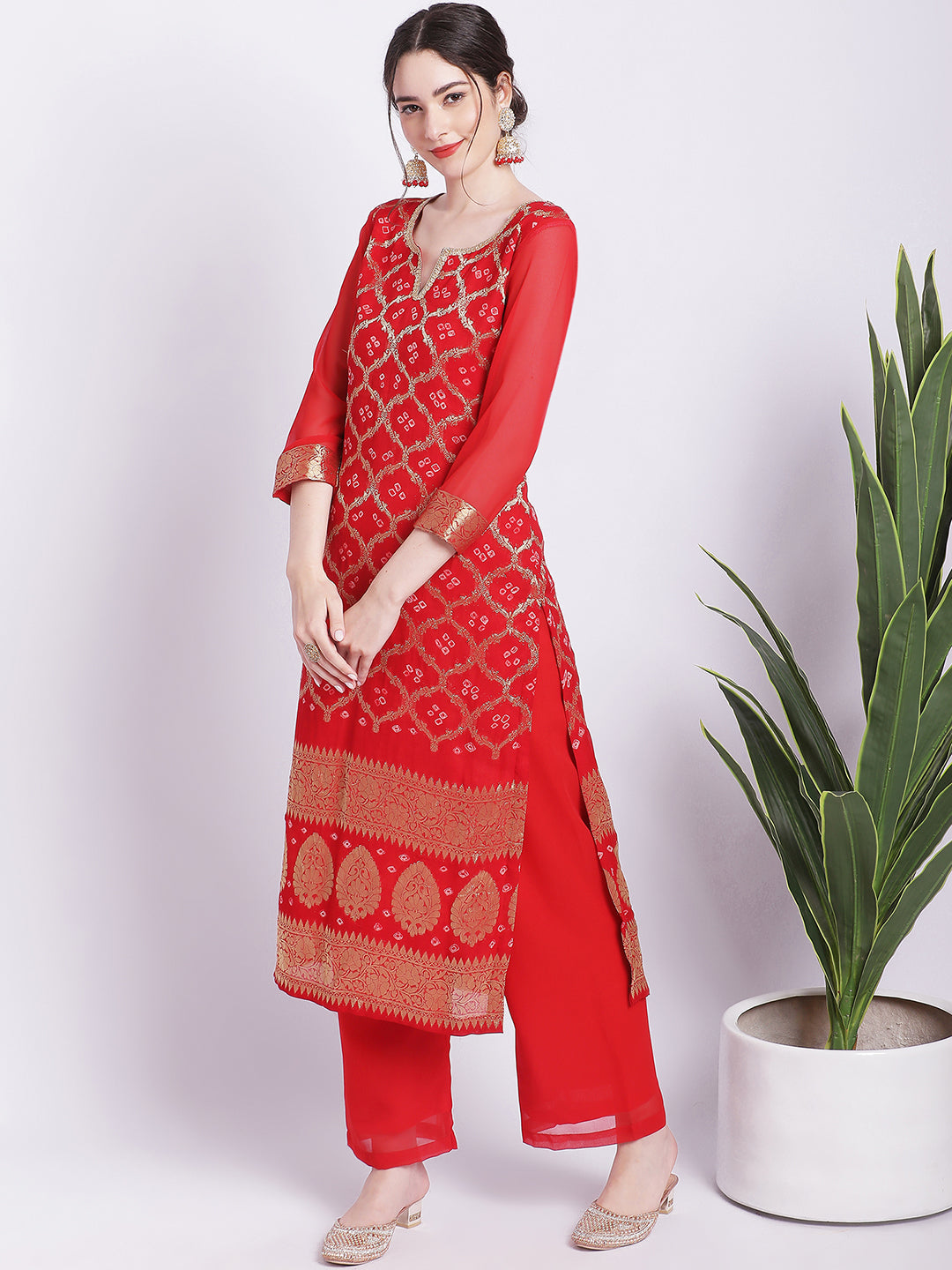 Women's Red Bandhej Bridal Kurti With Straight Palazzo