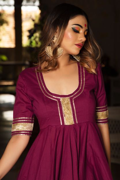 Women's BURGUNDY PURE COTTON ANARKALI SET - Pomcha Jaipur