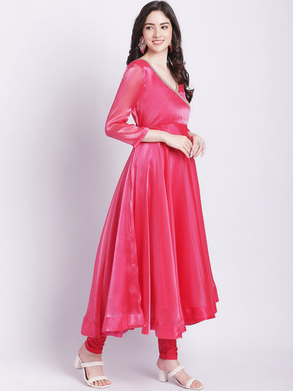 Women's Pink Dahlia Organza Anarkali With Churidar