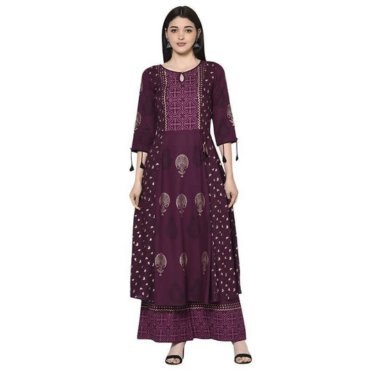 Women's Wine Anarkali Kurta with palazzo set by - (2pcs set)