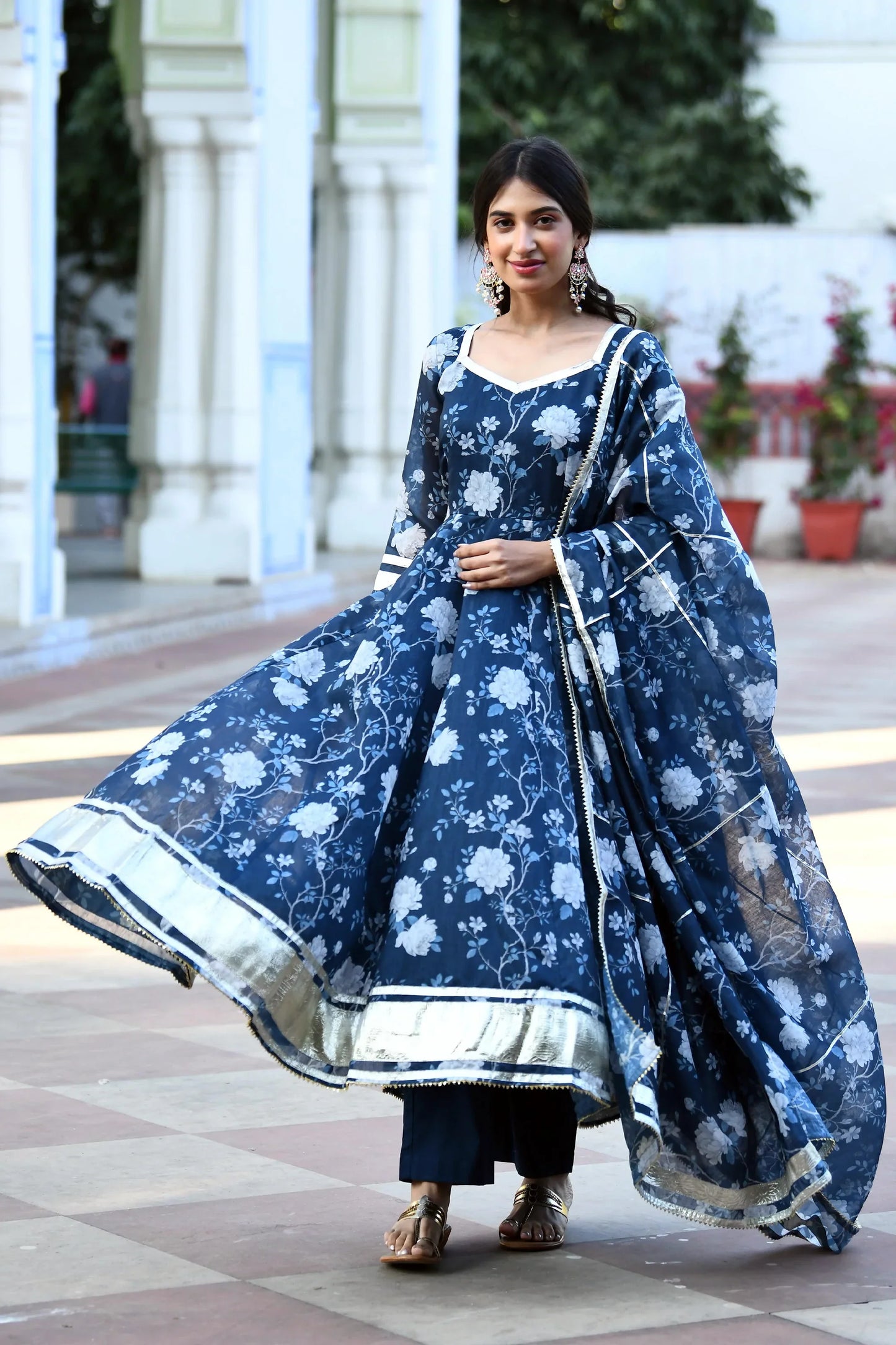 Women's Navy Blue Floral Anarkali Suit   -3Pc Set