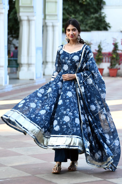 Women's Navy Blue Floral Anarkali Suit   -3Pc Set