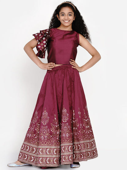 Girl's Burgundy & White Block Print Ready to Wear Lehenga With Choli