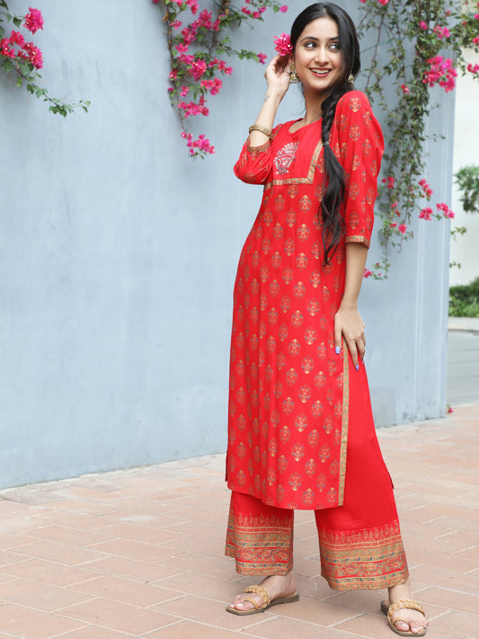 Women's Red Gold Print Kurta With Palazzo