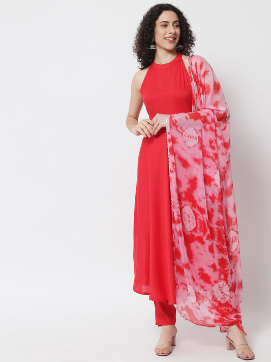 Women's Red Empire Gotta Patti Kurta with Trousers