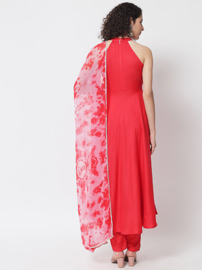 Women's Red Empire Gotta Patti Kurta with Trousers