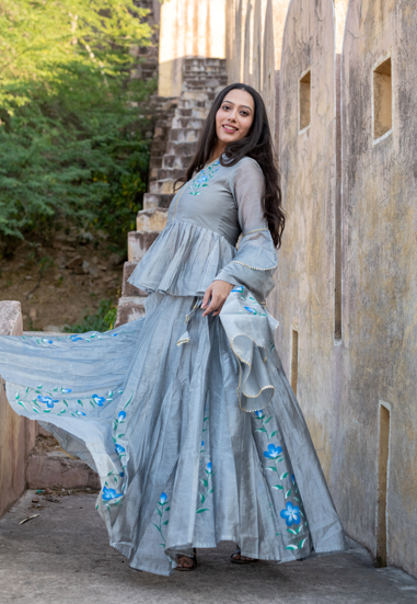 Women's Surili All-Over  Hand Painted Chanderi Grey Lehenga Set