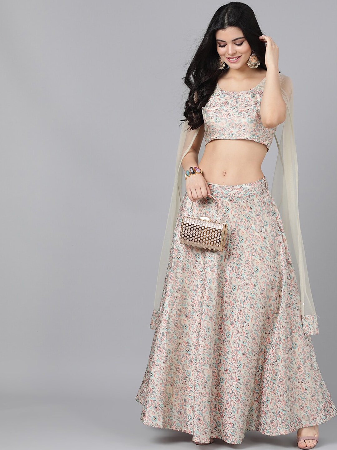 Women's Cream Lehenga Choli With Cape Dupatta