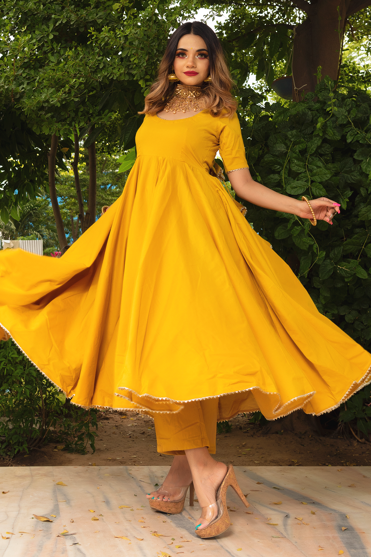 Women's Yellow Anarkali suit set with Pants & Dupatta (3pcs set) - Pomcha Jaipur