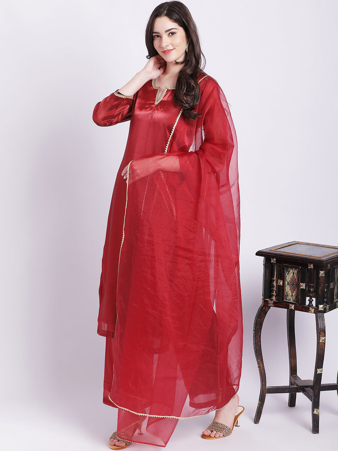 Women's Maroon Shine Organza Straight Kurti With Straight Palazzo And Organza Dupatta